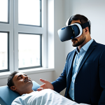 A professional psychotherapist, fully clothed in a modest business suit, gently guiding a patient wearing a sleek VR headset in a modern, calm therapy room. The patient, also fully clothed in appropriate attire, is deeply immersed in the virtual environment. Sunlight streams through a large window, illuminating the serene atmosphere. The scene emphasizes empathy and technological integration in healing. Safe for work, appropriate content, professional, perfect anatomy, correct proportions, natural pose, well-formed hands, proper finger count, natural body proportions, high-quality professional photography.