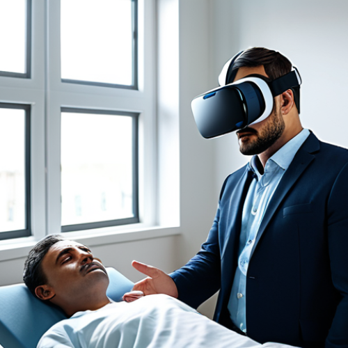 A professional psychotherapist, fully clothed in a modest business suit, gently guiding a patient wearing a sleek VR headset in a modern, calm therapy room. The patient, also fully clothed in appropriate attire, is deeply immersed in the virtual environment. Sunlight streams through a large window, illuminating the serene atmosphere. The scene emphasizes empathy and technological integration in healing. Safe for work, appropriate content, professional, perfect anatomy, correct proportions, natural pose, well-formed hands, proper finger count, natural body proportions, high-quality professional photography.