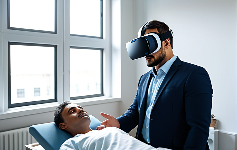 A professional psychotherapist, fully clothed in a modest business suit, gently guiding a patient wearing a sleek VR headset in a modern, calm therapy room. The patient, also fully clothed in appropriate attire, is deeply immersed in the virtual environment. Sunlight streams through a large window, illuminating the serene atmosphere. The scene emphasizes empathy and technological integration in healing. Safe for work, appropriate content, professional, perfect anatomy, correct proportions, natural pose, well-formed hands, proper finger count, natural body proportions, high-quality professional photography.
